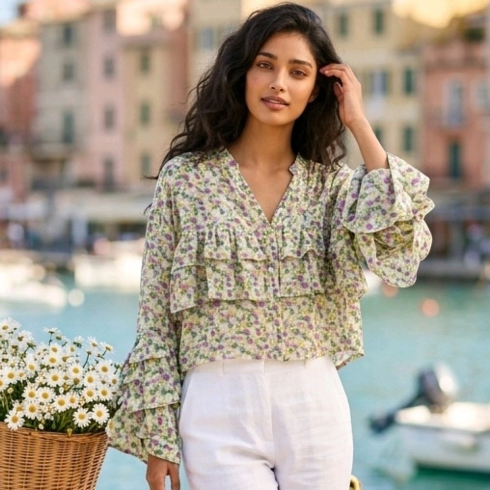 ee:some Romantic Abstract Ruffle Chiffon Blouse Button Front Frilly Long Sleeves